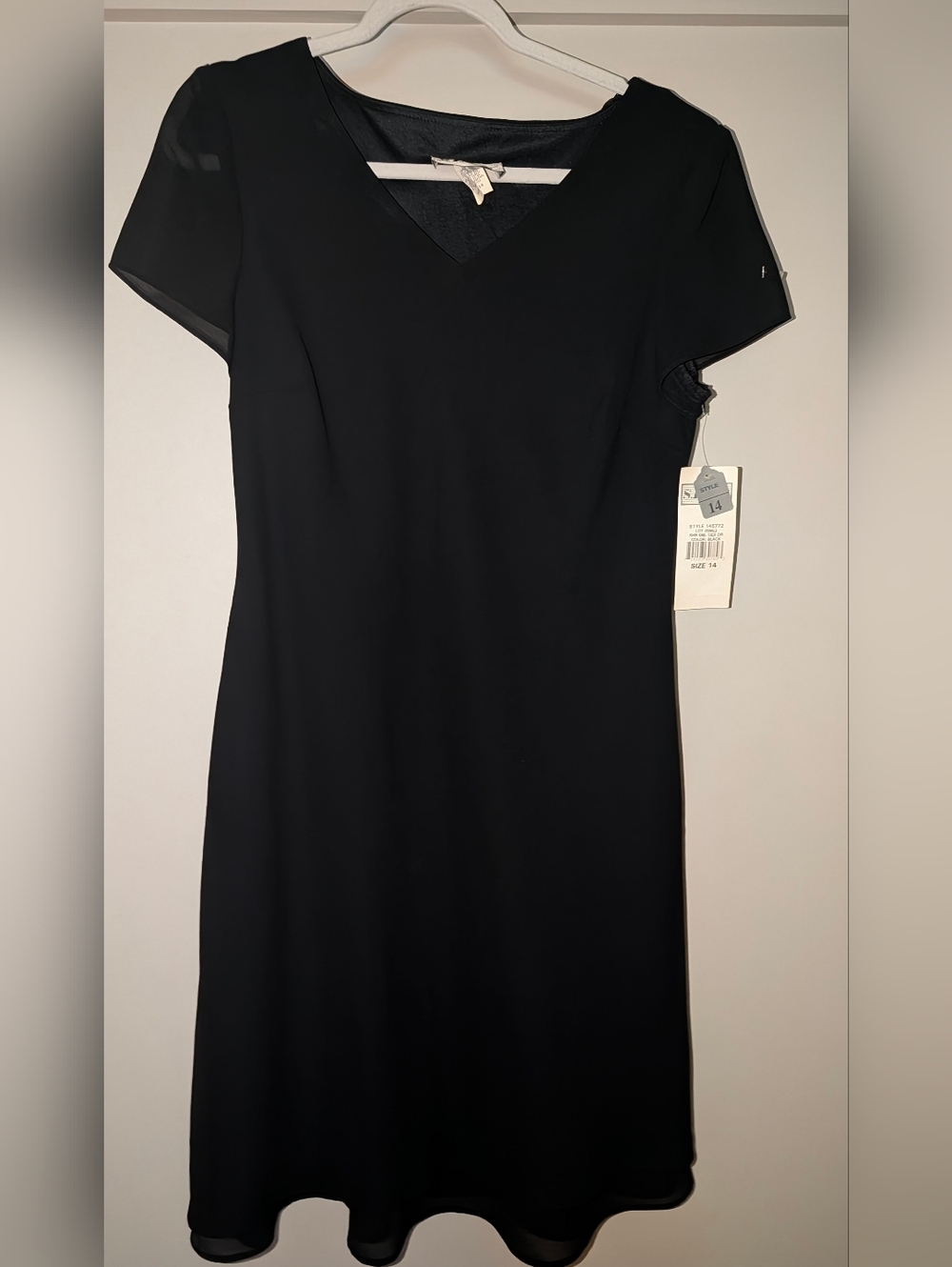 S.L Fashions Sheer Double Tier Classic Black V-Neck Short Sleeve Dress. Size 14.